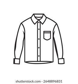 A minimalist line drawing showcases a long sleeved, collared shirt, complete with buttons and a pocket, rendered in black lines over white transparent background.