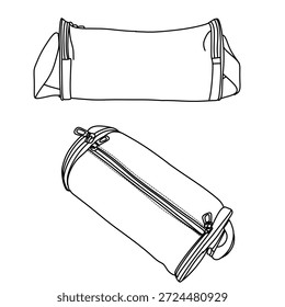 Eine minimalistische Linienzeichnung zeigt zwei Duffeltaschen, von denen einer von vorne und der andere abgewinkelt ist und deren zylindrische Form und Reißverschluss-Details hervorhebt.