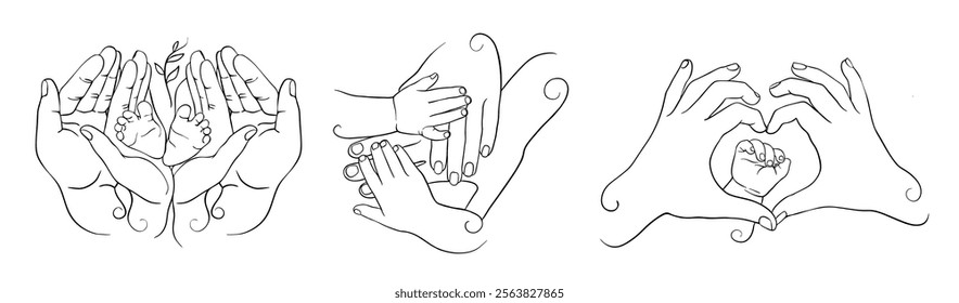 Minimalist line drawing showcasing parental nurturing, depicting loving hands embracing infant's delicate extremities