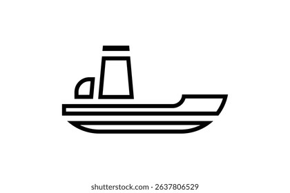 Minimalist line drawing showing a black outlined ship with two cabins on a white background, simple and clean graphic representation of a boat.