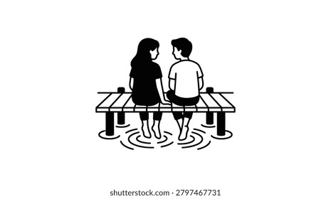 A minimalist line drawing showing a boy and a girl sitting side by side on a wooden dock with their feet dangling in the water creating ripples