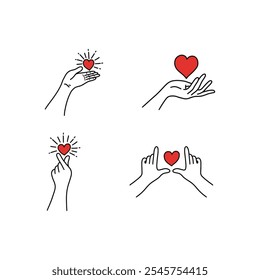 Un dibujo de línea minimalista que muestra las manos sosteniendo o presentando corazones rojos, simbolizando amor, cuidado y afecto en varias poses.