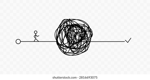 Minimalist line drawing shows stick figure navigating tangled mess. Path from chaos to clarity, from problem to solution. Concept for overcoming obstacles, resilience, and achieving goals