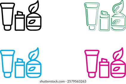 Minimalist line drawing, skincare products, cosmetic bottles and jars, toiletries set, simple outlines, monochrome variations, blue green pink black colors, clean geometric shapes, bathroom essentials