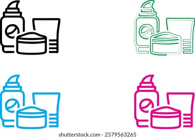 Minimalist line drawing, skincare products, cosmetic bottles and jars, toiletries set, simple outlines, monochrome variations, blue green pink black colors, clean geometric shapes, bathroom essentials