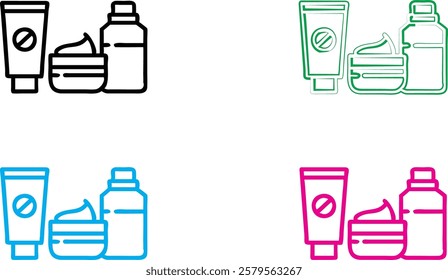 Minimalist line drawing, skincare products, cosmetic bottles and jars, toiletries set, simple outlines, monochrome variations, blue green pink black colors, clean geometric shapes, bathroom essentials