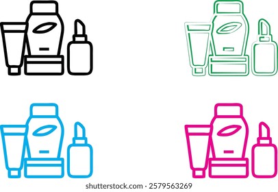 Minimalist line drawing, skincare products, cosmetic bottles and jars, toiletries set, simple outlines, monochrome variations, blue green pink black colors, clean geometric shapes, bathroom essentials