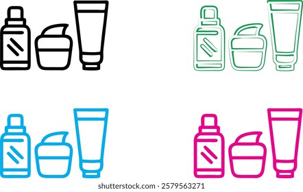 Minimalist line drawing, skincare products, cosmetic bottles and jars, toiletries set, simple outlines, monochrome variations, blue green pink black colors, clean geometric shapes, bathroom essentials