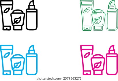 Minimalist line drawing, skincare products, cosmetic bottles and jars, toiletries set, simple outlines, monochrome variations, blue green pink black colors, clean geometric shapes, bathroom essentials