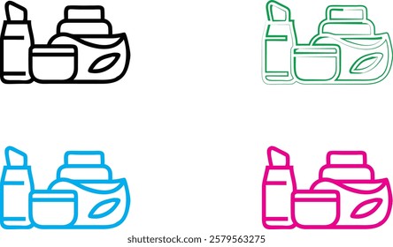 Minimalist line drawing, skincare products, cosmetic bottles and jars, toiletries set, simple outlines, monochrome variations, blue green pink black colors, clean geometric shapes, bathroom essentials