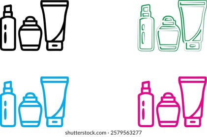 Minimalist line drawing, skincare products, cosmetic bottles and jars, toiletries set, simple outlines, monochrome variations, blue green pink black colors, clean geometric shapes, bathroom essentials