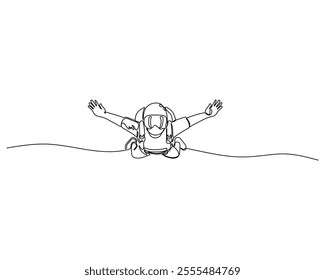 A minimalist line drawing of a skydiver in freefall, arms extended and legs bent, wearing a jumpsuit and helmet with goggles. Perfect for capturing the thrill and excitement of skydiving