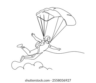 Minimalist line drawing of a skydiver in a freefall position with an open parachute, showcasing the thrill and dynamic motion of skydiving with simple lines