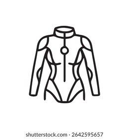 A minimalist line drawing of a sleek bodysuit suggestive of futuristic technology and apparel design.