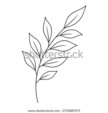 A minimalist line drawing of a slender branch adorned with several small, elongated leaves.