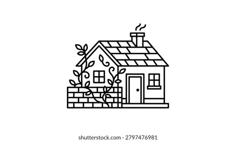 A minimalist line drawing of a small house featuring a tiled roof, a smoking chimney, a front door, two windows, and a brick wall covered in climbing ivy