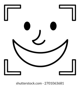 Um desenho em linha minimalista de uma face sorridente dentro de um quadro quadrado, representando a tecnologia de reconhecimento facial.