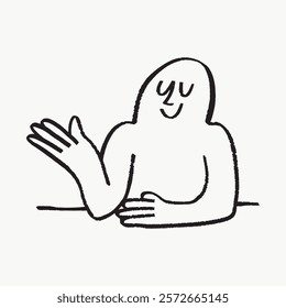 Minimalist line drawing of a smiling figure waving. Simple, friendly illustration with a relaxed pose. Black lines human, isolated vector. Simple black line art doodle vector.