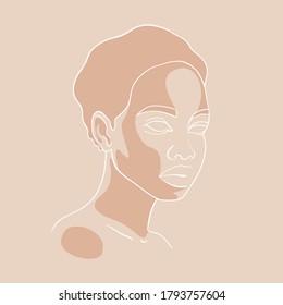 Minimalist line drawing. Smooth lines and abstract shapes. Portrait of a girl in a modern style, fashion model. African, African American. Vector illustration for spa salon, beauty industry, blog.