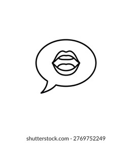 A minimalist line drawing of a speech bubble containing a pair of lips, symbolizing communication, conversation, and dialogue. The simple design makes it versatile for various applications, from digital media to print materials.