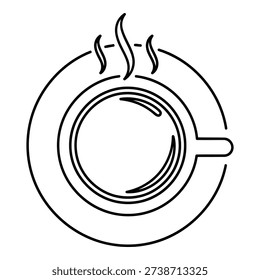 A minimalist line drawing of a steaming cup of coffee on a saucer isolated on white background, Vector