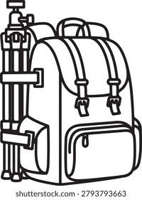 A minimalist line drawing of a sturdy backpack securely holding a collapsible tripod, ideal for photographers or travelers needing compact gear storage. The design emphasizes functionality with adjustable straps and compartments, rendered in clean vector style.
