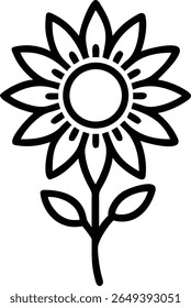 A minimalist line drawing of a sunflower with a stem and leaves rendered in black on a white background
