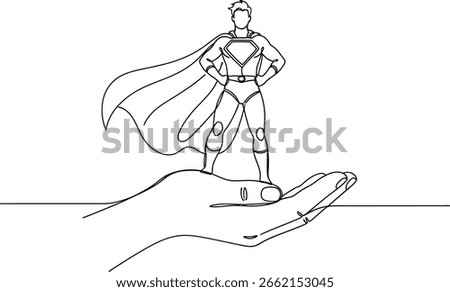 A minimalist line drawing of a superhero standing on a hand conveys themes of support and protection with a sense of strength