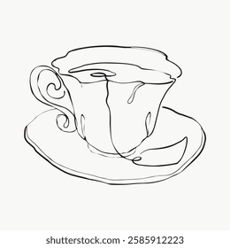 Minimalist line drawing of a teacup and saucer. Simple teacup design, elegant teacup illustration, artistic teacup sketch. Black lines on white background. Simple line art vector.