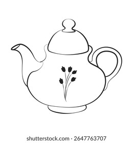 Desenho de Linha Minimalista de Bule com Padrão Floral
