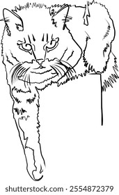 A minimalist line drawing that features a stylized cat portrayed in a relaxed and comfy pose, exuding calmness