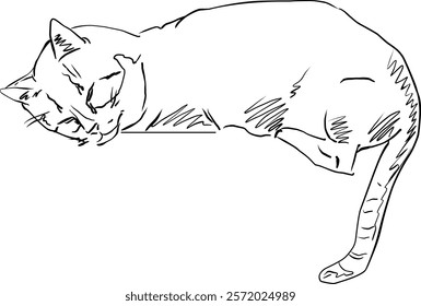 A minimalist line drawing that features a stylized cat portrayed in a relaxed and comfy pose, exuding calmness