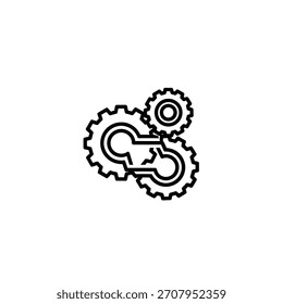 Un dibujo de línea minimalista de tres engranajes entrelazados, que representa el trabajo en equipo, la ingeniería mecánica y la funcionalidad de los sistemas interconectados.