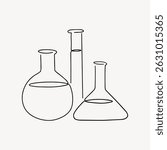 Minimalist line drawing of three laboratory glassware items: a round-bottom flask, a test tube, and a conical flask, all outlined in black on a white background. Line art illustration vector.