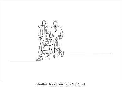 A minimalist line drawing of three men in suits, conveying professionalism and teamwork.
