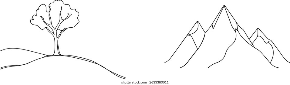 Dibujo de línea minimalista de un árbol en una colina y picos de montaña dramáticos en blanco