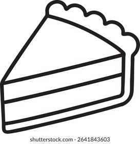 A minimalist line drawing of a triangular slice of pie with a decorative, fluted crust on a white background.