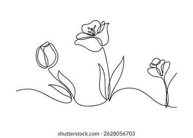 Minimalist line drawing of tulips and other flowers in a continuous abstract artistic style