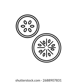 A minimalist line drawing of two cucumber slices, showcasing their internal pattern of seeds and flesh. Perfect for designs related to fresh produce, healthy eating, and natural ingredients.