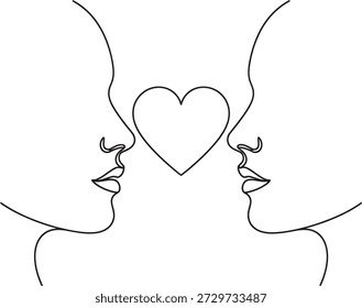 Un dibujo minimalista de dos caras besándose, con una forma de corazón formada entre sus labios, simbolizando amor y afecto.