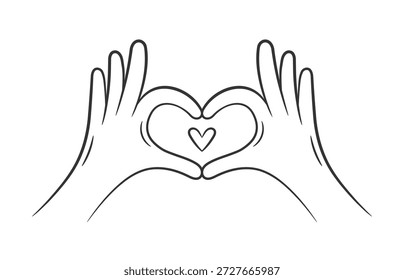 Dibujo de línea minimalista de dos manos que forman la forma del corazón con los dedos que simbolizan el amor y el gesto de cuidado