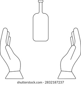A minimalist line drawing of two hands cupped upwards, with a bottle suspended above them, suggesting protection or care.