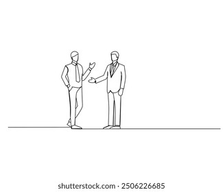 Minimalist line drawing of two human figures facing each other, with one gesturing with a raised hand. This image symbolizes communication, interaction, and possibly a conversation or discussion