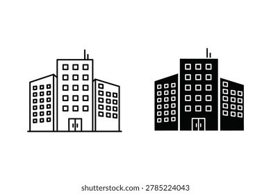 Minimalist line drawing of two identical high-rise apartment buildings with multiple windows and balconies. Simple architectural structure in black and white.