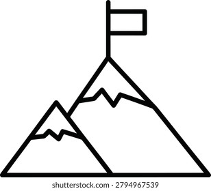 A minimalist line drawing of two mountain peaks with a flag on top of the highest peak