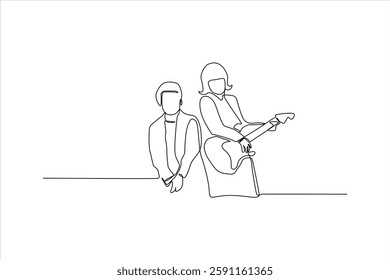 Minimalist line drawing of two musicians, one playing guitar, in a creative space