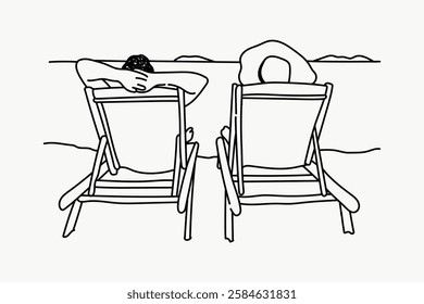 Minimalist line drawing of two people relaxing on beach chairs, facing the sea. Simple, peaceful, and serene beach scene in black and white. Line art illustration vector.