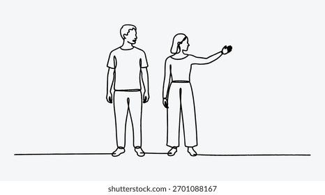 Minimalistische Linienzeichnung von zwei Personen, die auf etwas gemeinsam zeigen