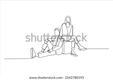 Minimalist line drawing of two seated figures in a relaxed pose.