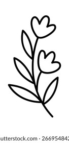 Un dibujo de línea minimalista de dos flores estilizadas con pétalos y hojas en forma de corazón.